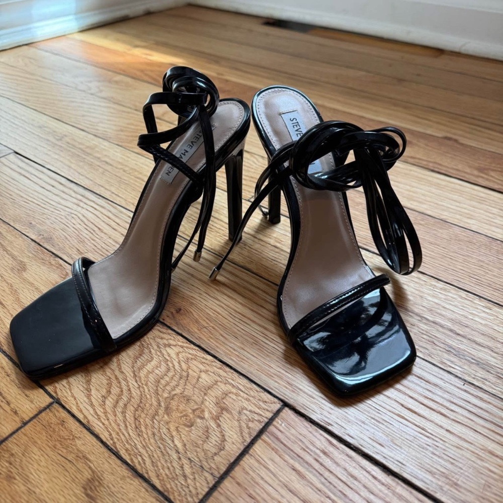 Steve Madden Uplift black patent square-toe ankle-tie stiletto-heel sanda